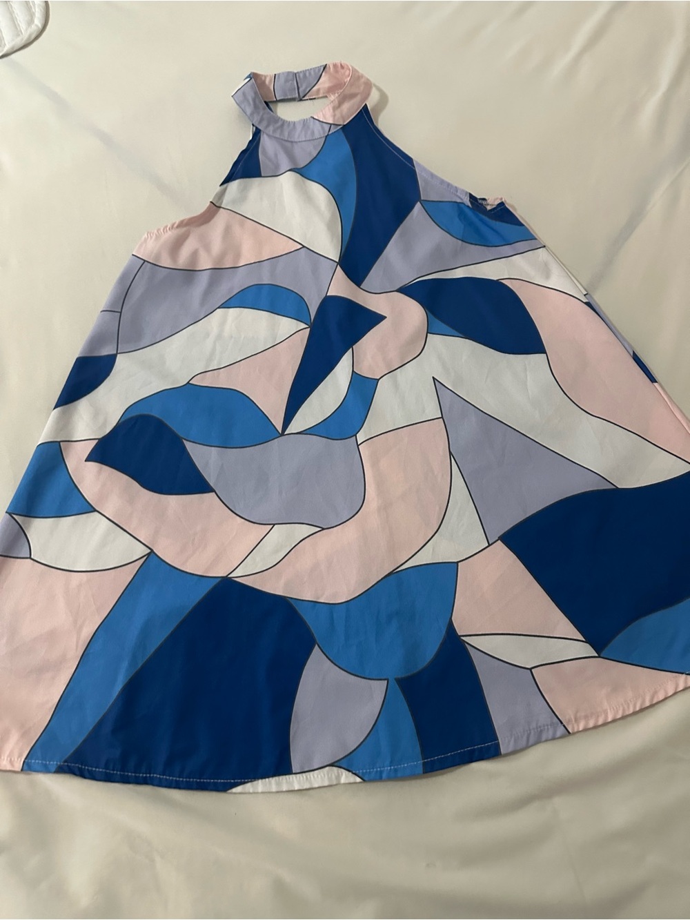Abstract Print High-Neck A-Line Skirt in Blue and Pink